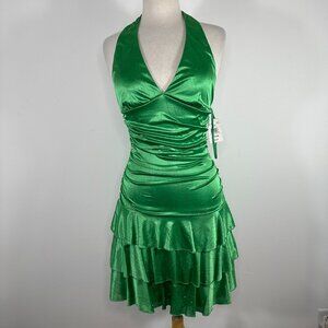 Ruby Rox 80s Green Babydoll Halter Dress Sz M Ruffled Ruched Open Back Coquette
